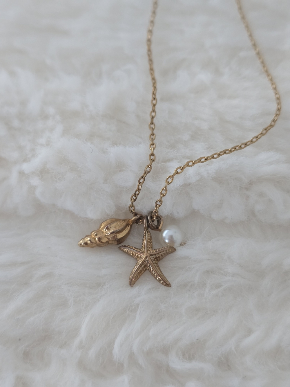 Gold Shell & Starfish Charm Necklace with Pearl Accent
